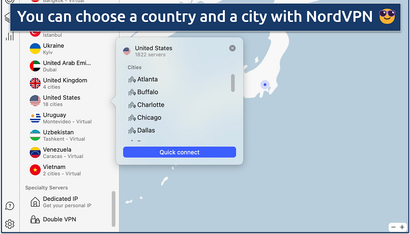 Screenshot showing the available US city locations on the NordVPN app