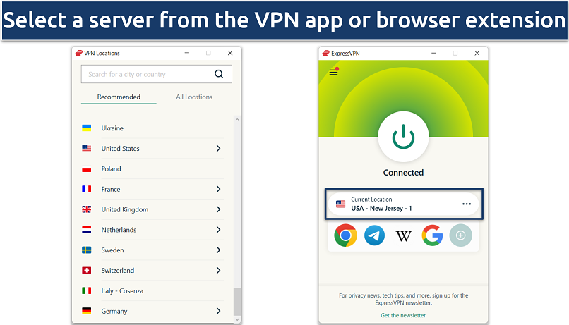 Pictures showing ExpressVPN servers list and a connection status