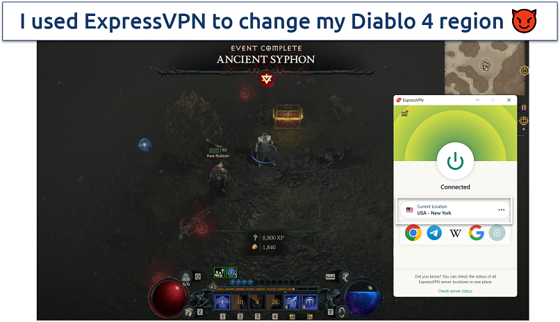 Screenshot showing Diablo IV with ExpressVPN