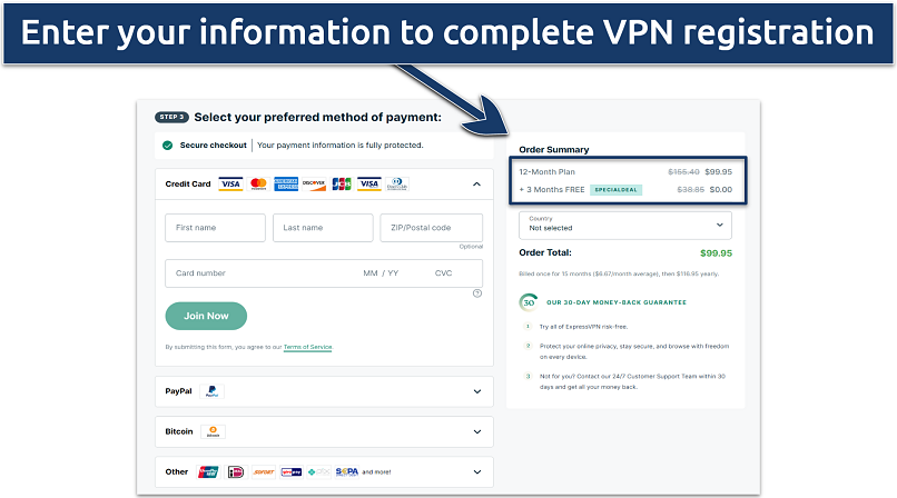 Screenshot showing ExpressVPN registration and payment options