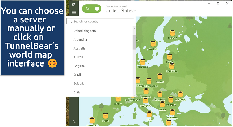 TunnelBear's Windows app displaying the world map interface and a dropdown menu of server locations