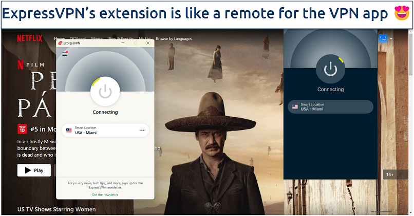 ExpressVPN's Chrome browser extension connecting to a Miami server with Netflix in the background
