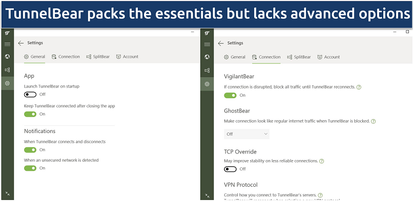 TunnelBear's Windows app displaying its security settings, like automation options and obfuscation 