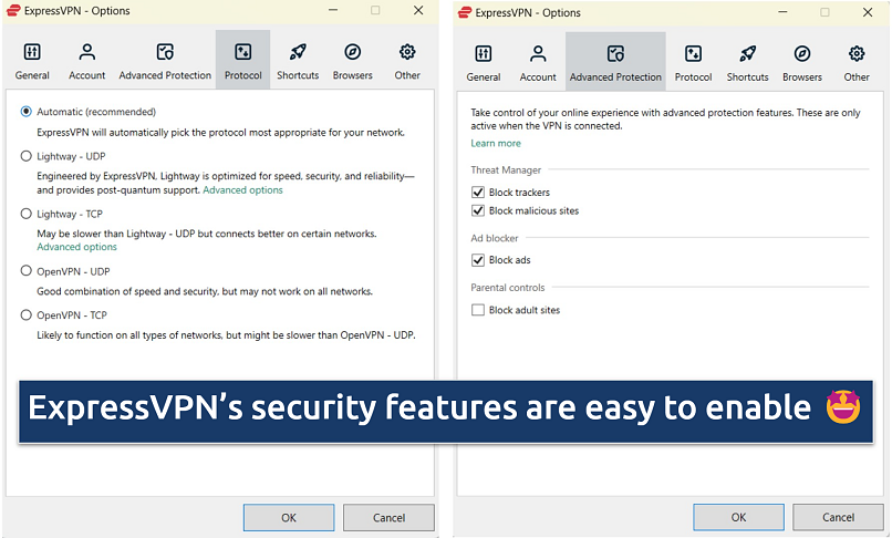 ExpressVPN's Windows app displaying security setting options, like protocols and Advanced Protection