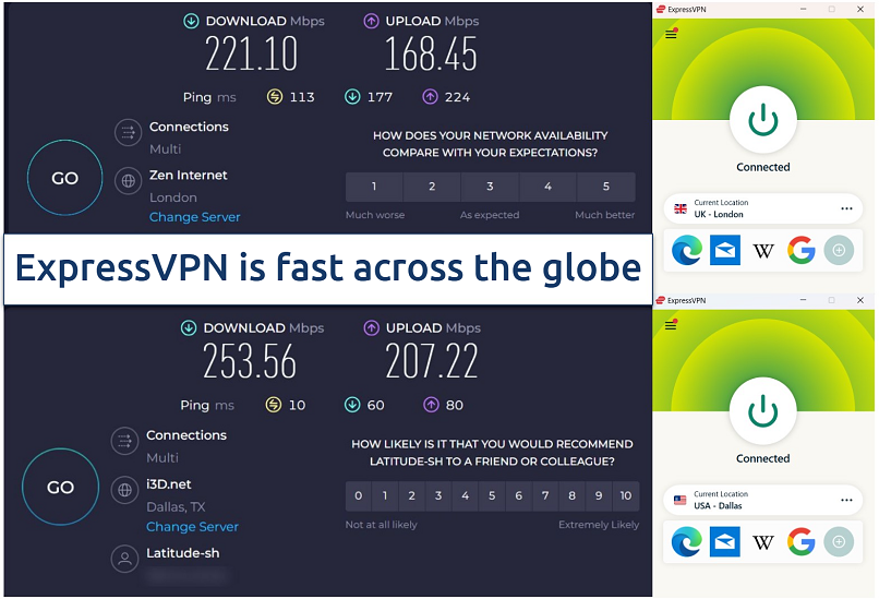 Speed test results showing ExpressVPN's fast connections in Dallas and London