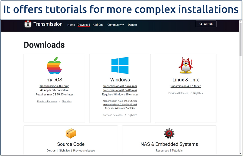 Screenshot of the Transmission client download page showing its options for macOS, Windows, Linux, and NAS & embedded systems