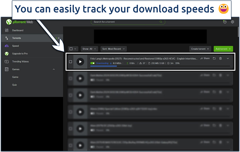 Screenshot of downloading Metropolis (1927)using uTorrent Web on Windows