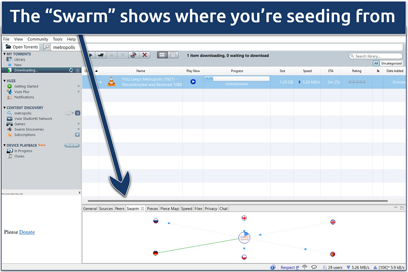 Screenshot of the Vuze Windows client with its swarm visualization feature