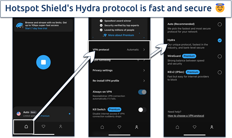 Screenshot of the protocol settings in the Hotspot Shield iOS app