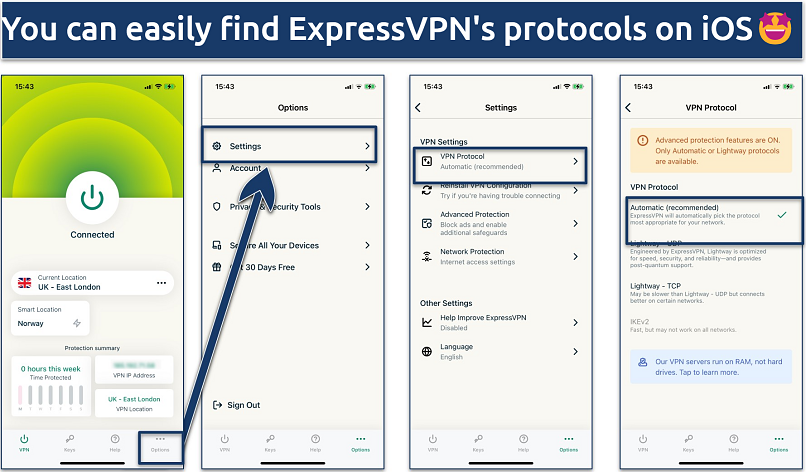 Screenshot of the VPN protocol list in the ExpressVPN iOS app