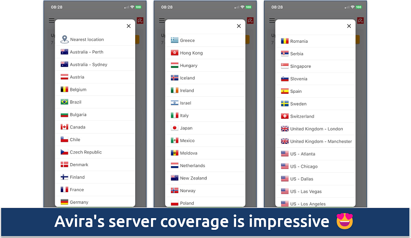 Screenshot of the server list in the Avira Phantom VPN iOS app