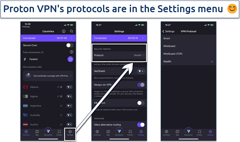 Screenshot of the VPN protocol list in the Proton VPN iOS app