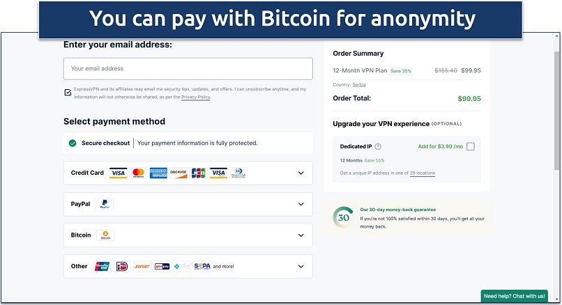Screenshot of ExpressVPN's checkout page