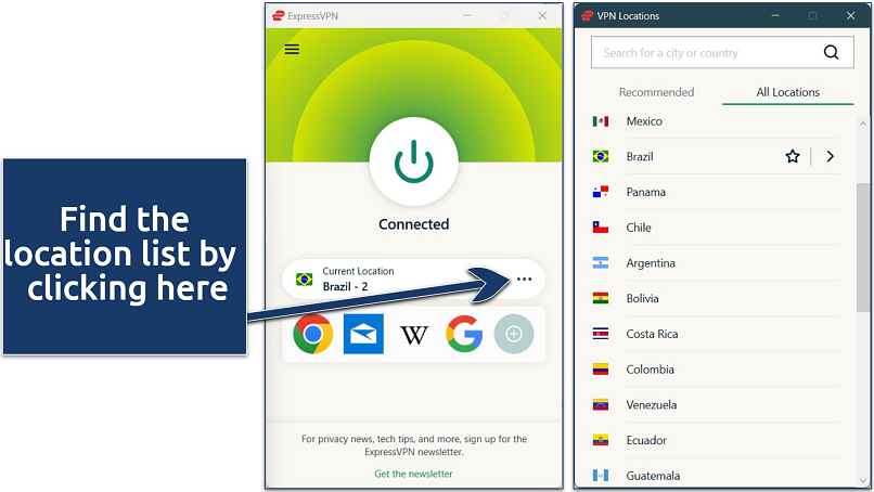 Screenshot of ExpressVPN's Windows app connected to a Brazil IP address