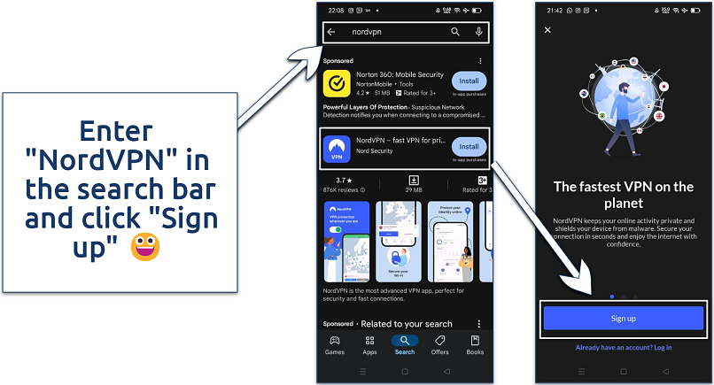 Image showing how to download and sign up for NordVPN