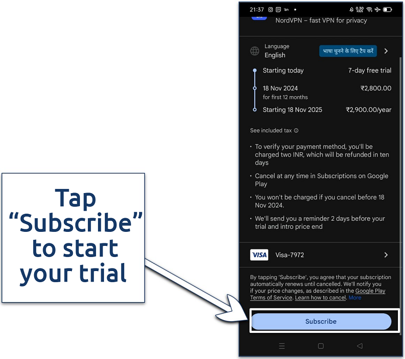 Screenshot showing NordVPN's page with the option to subscribe to its free trial