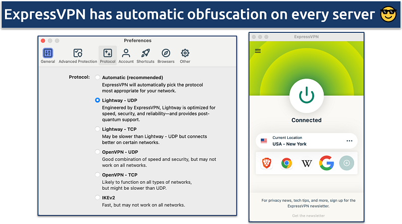 Screenshot showing the ExpressVPN app connected to a US server using the Lightway protocol