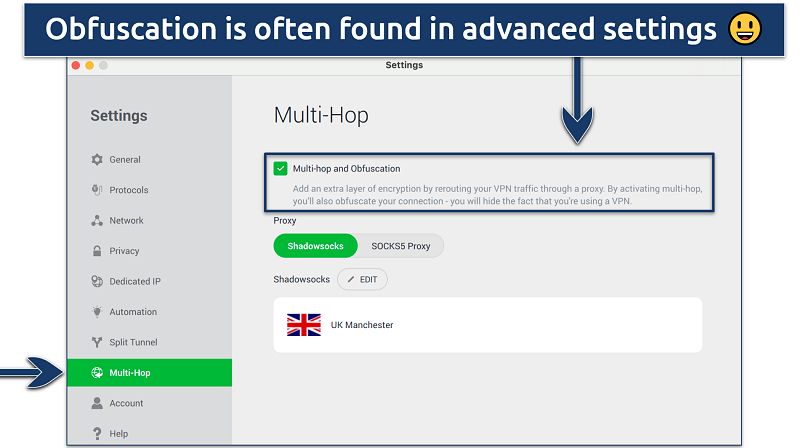 Screenshot showing the advanced settings in the Private Internet Access app