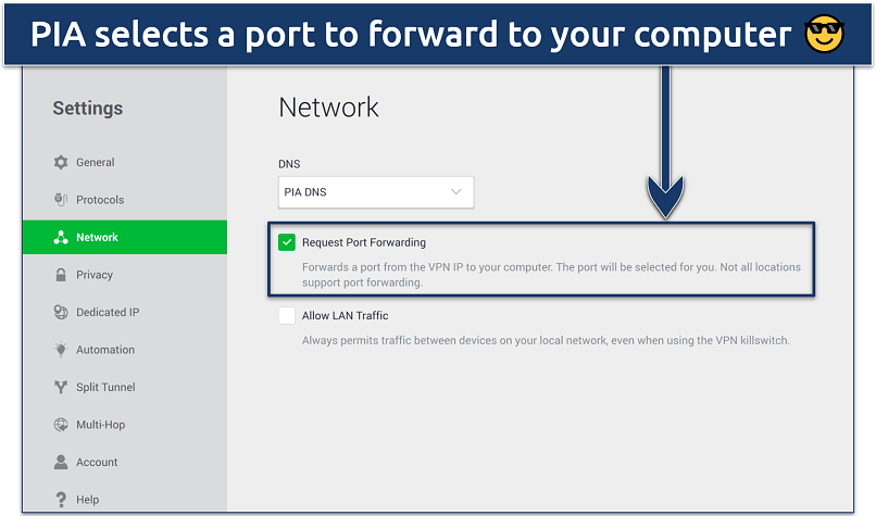 Screenshot showing PIA's port forwarding