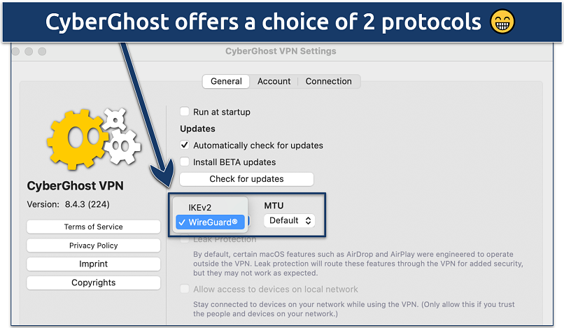 Screenshot showing CyberGhost's protocol options