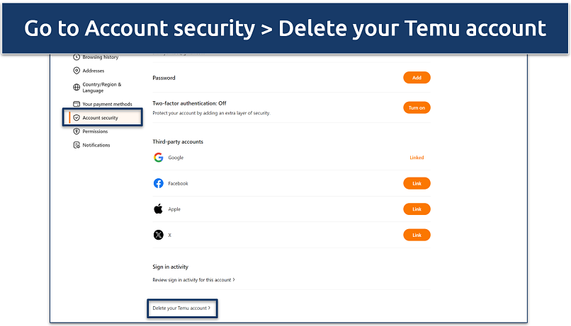 A screenshot showing how to access Temu's Account Security settings