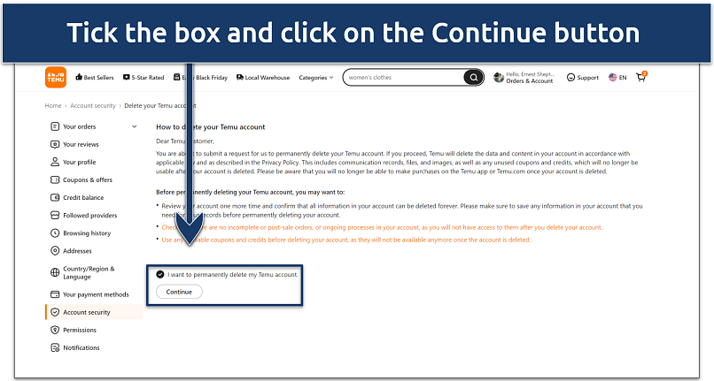 A screenshot showing how to delete your Temu account