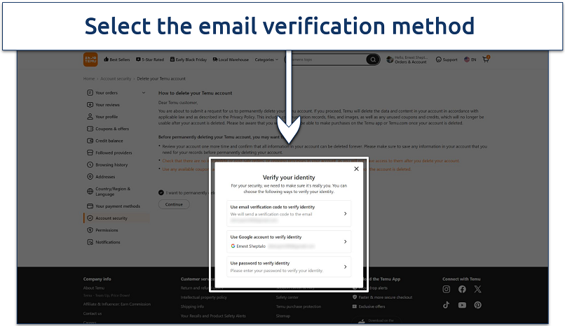 A screenshot showing Temu's account deletion verification method