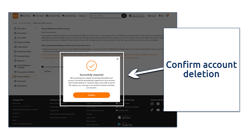 A screenshot showing Temu's account deletion verification method