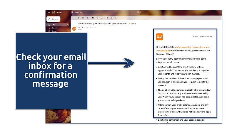 A screenshot showing Temu's account deletion verification email