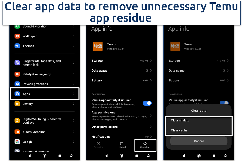 A screenshot showing how to clear your phone from Temu app data