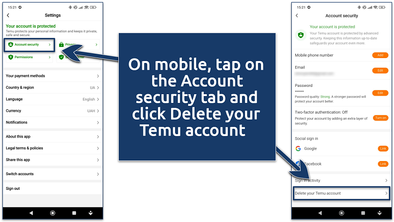 A screenshot showing how to access Temu's Account Security settings on mobile