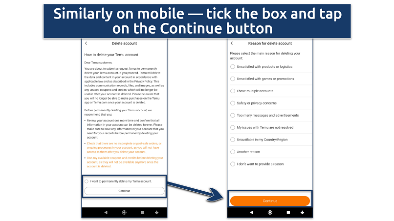 A screenshot showing how to delete your Temu account on mobile