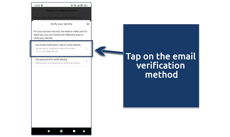 A screenshot showing Temu's account deletion verification method on mobile