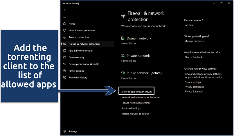 Screenshot of Windows' Firewall settings