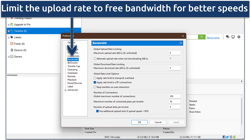 Screenshot of uTorrent's bandwidth optimization options