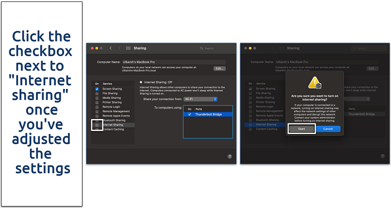 Screenshots of the internet sharing settings on macOS
