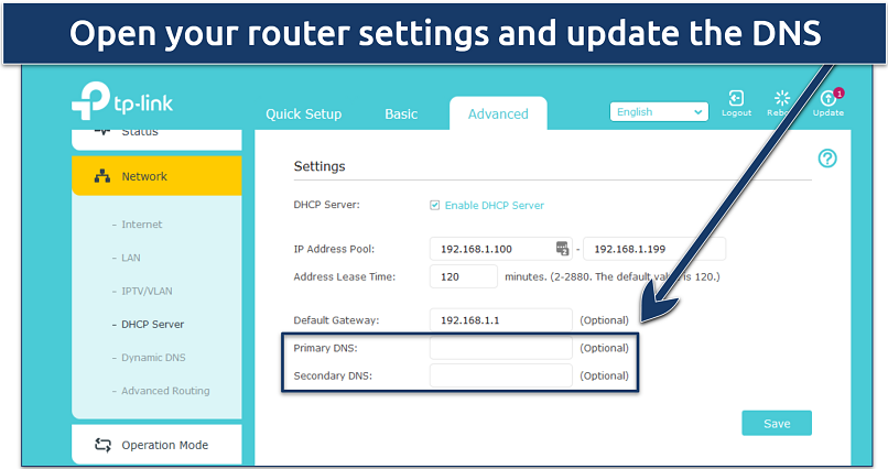 Screenshot of a TP-Link router's DNS settings