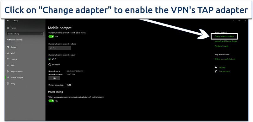 Screenshot of Windows' mobile hotspot and adapter settings