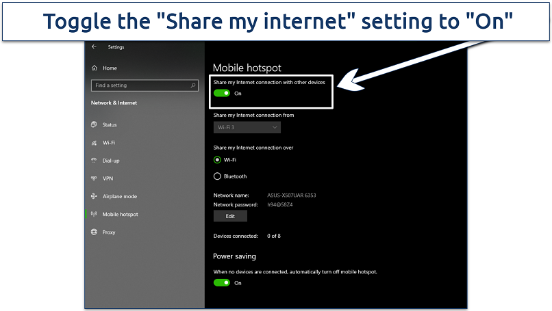 Screenshot of Windows' mobile hotspot settings