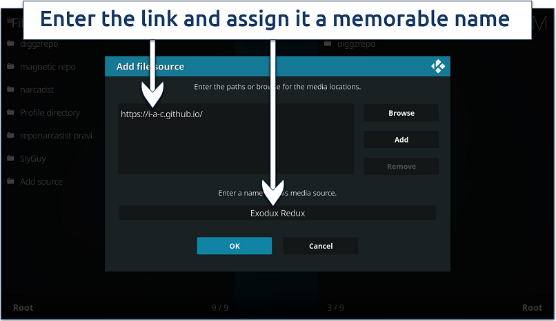 Screenshot showing how to add file source to the Kodi File Manager