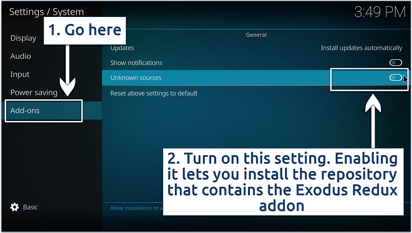 Screenshot showing how to enable Unknown Sources in Kodi