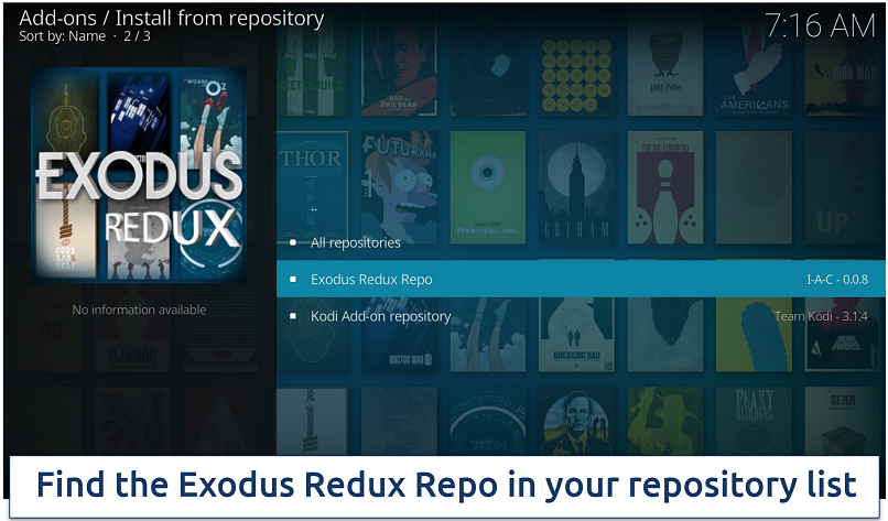 Screenshot of Exodus Redux Repo in the list of Kodi repositories