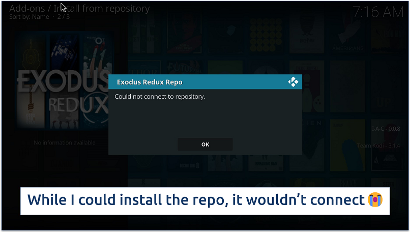 Screenshot of Exodus Redux Kodi repository not working