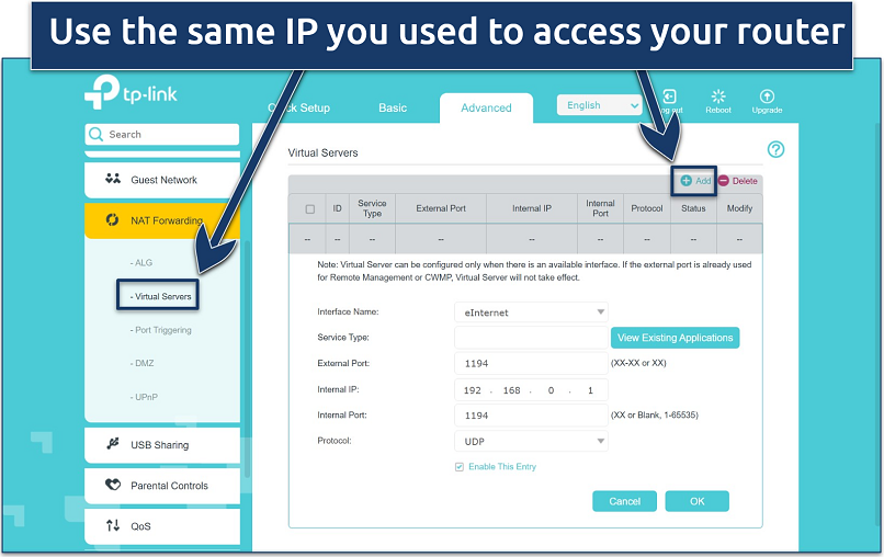 Screenshot of the TP Link router port forwarding settings panel