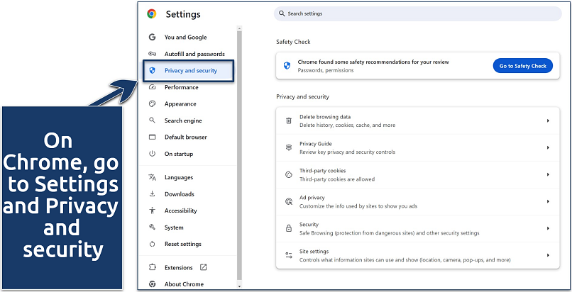 Screenshot of the Chrome browser's Privacy and security settings