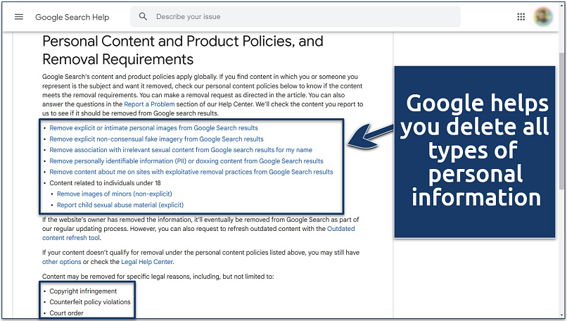 Screenshot of Google Search's Personal Content and Product Policies, and Removal Requirements page