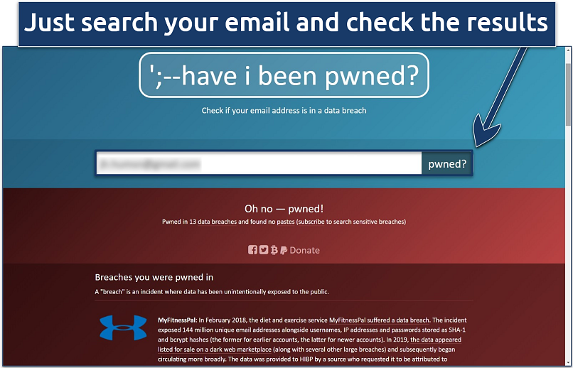 Screenshot of the results on Have I Been Pwned for an email search with data breaches