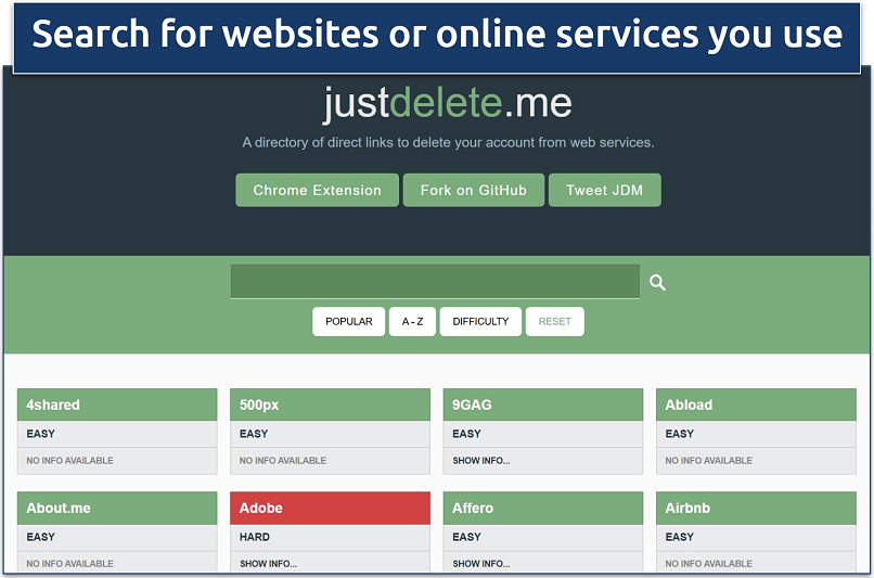 Screenshot of the Just Delete me with the full database of websites.