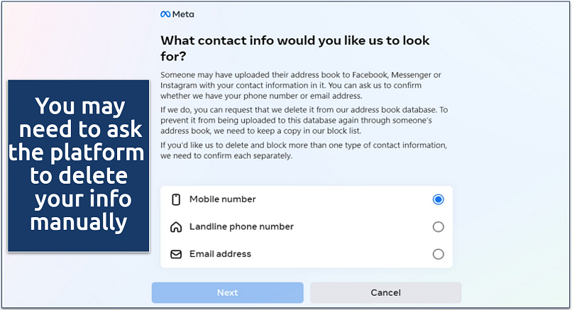 Screenshot of the Meta contact page to request deleting personal information