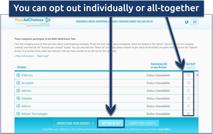 Screenshot of the marketing association opt-out options on YourAdChoices